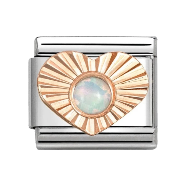 Nomination Classic Rose Gold Etched Sunburst Heart with White Opal Charm. Item code 430516/07