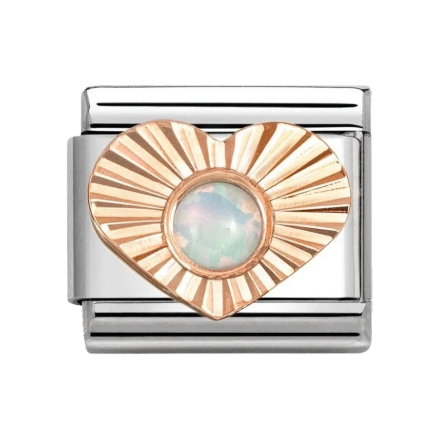 Nomination Classic Rose Gold Etched Sunburst Heart with White Opal Charm. Item code 430516/07
