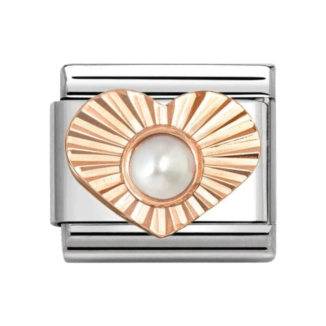 Nomination Classic Rose Gold Etched Sunray Heart with White Pearl Charm. Item code 430516/13