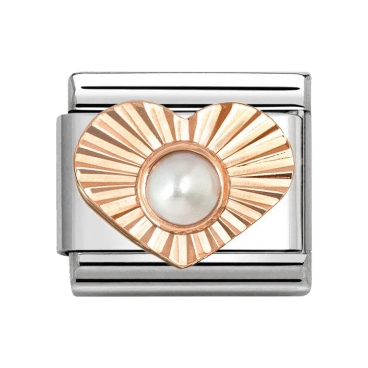 Nomination Classic Rose Gold Etched Sunray Heart with White Pearl Charm. Item code 430516/13