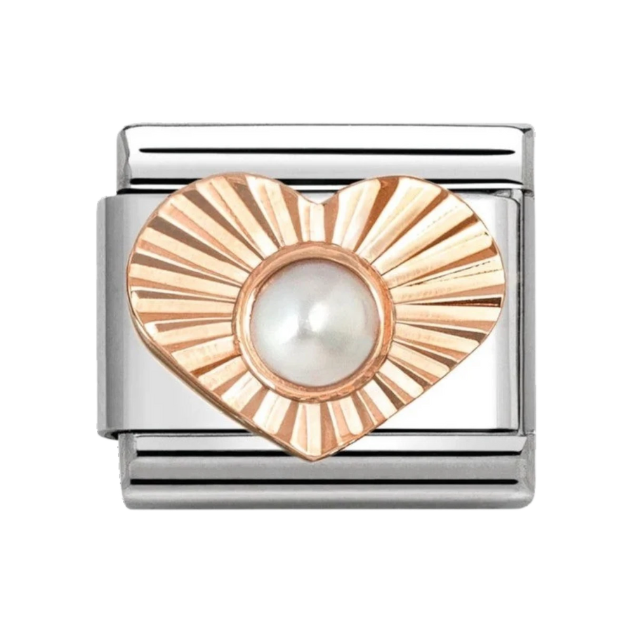 Nomination Classic Rose Gold Etched Sunray Heart with White Pearl Charm. Item code 430516/13