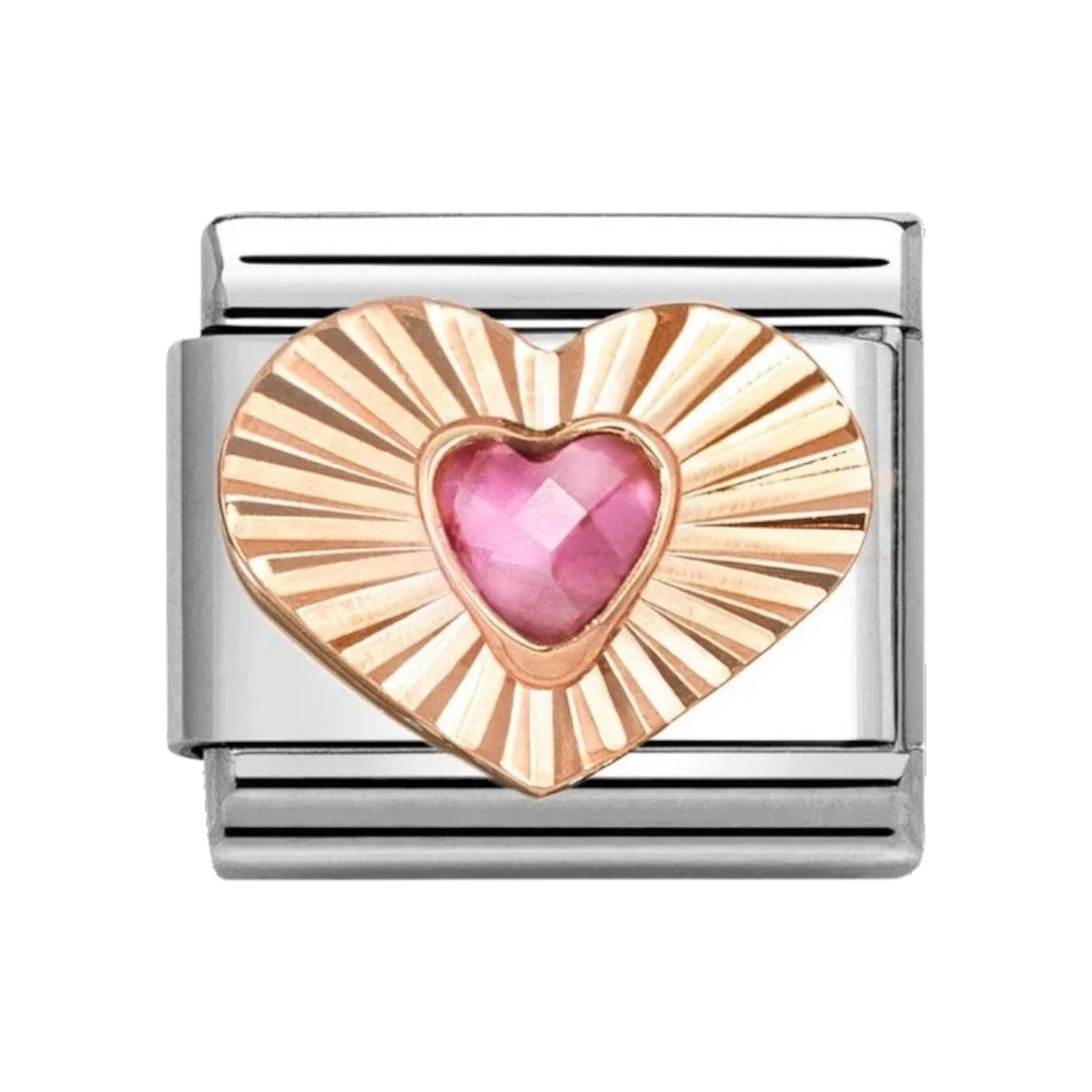Nomination Rose Gold Etched Sunburst Heart with Pink Stone Heart Charm