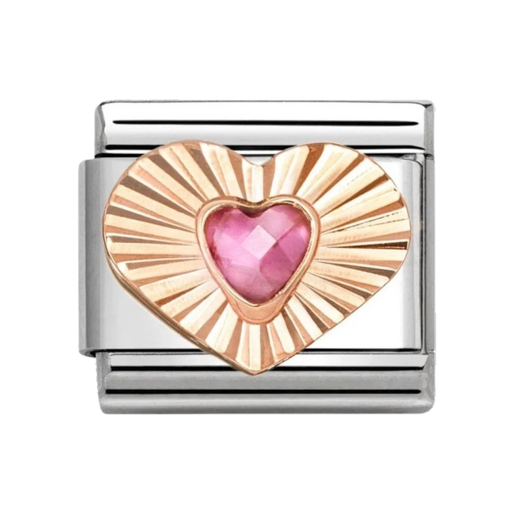 Nomination Rose Gold Etched Sunburst Heart with Pink Stone Heart Charm