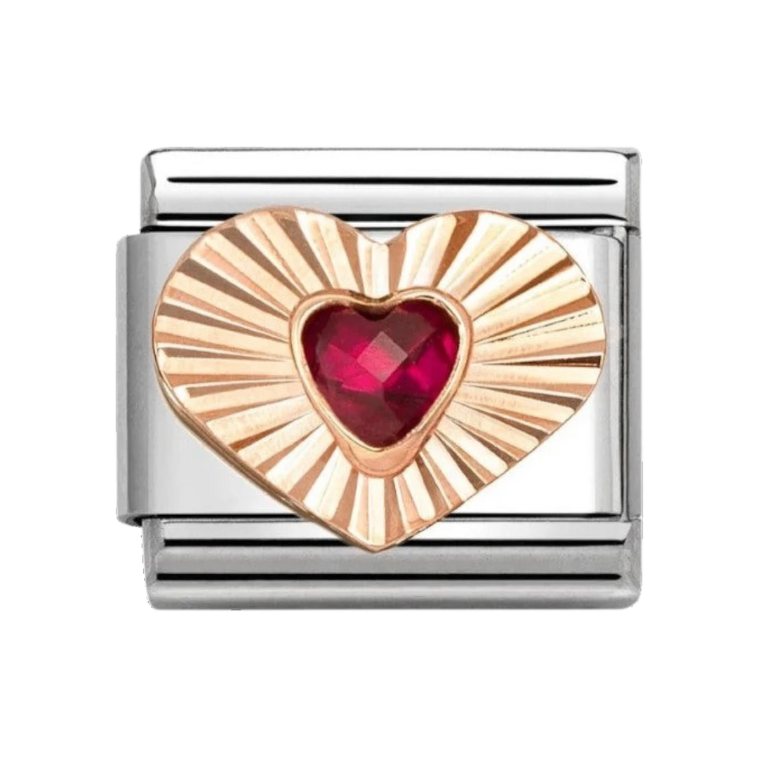 Nomination Classic Rose Gold Etched Sunray Heart with Red Stone Heart Charm. Item code 430610/005