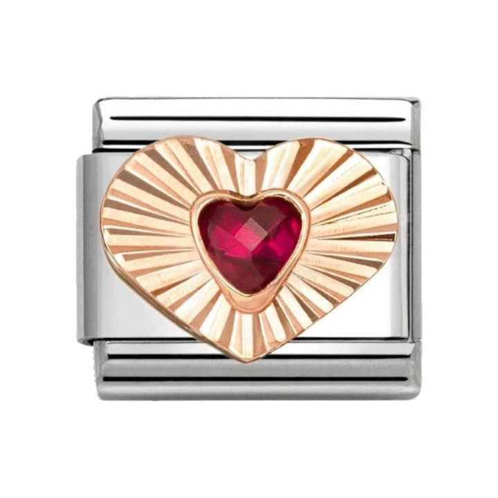 Nomination Classic Rose Gold Etched Sunray Heart with Red Stone Heart Charm. Item code 430610/005