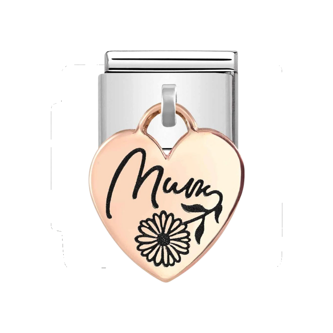 Niche Jewellery Nomination rose gold heart charm with Mum and flower engraving on a stainless steel link.