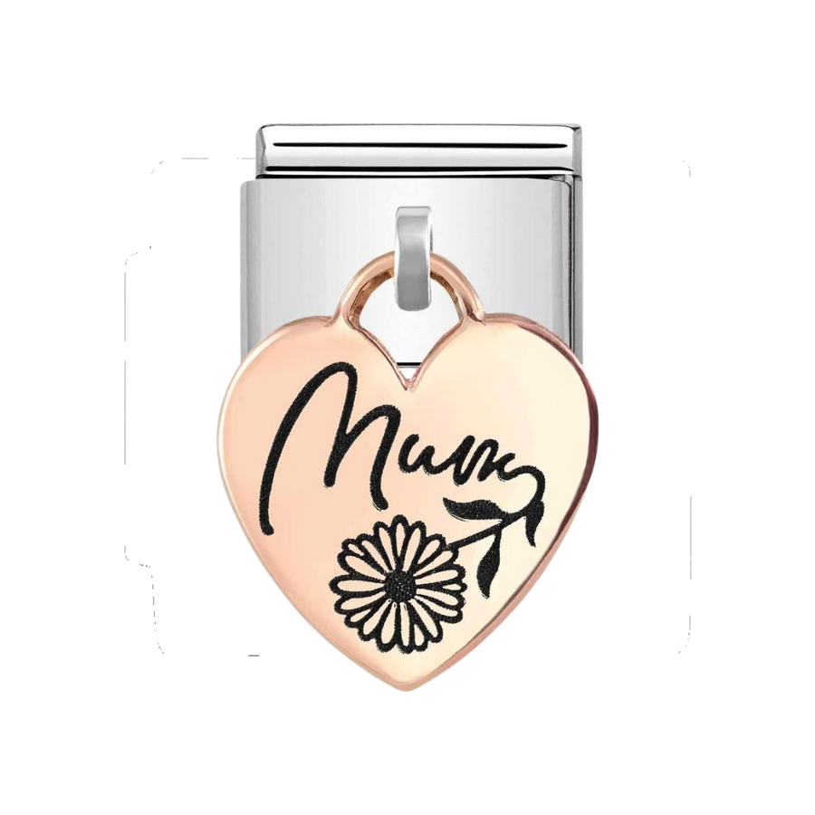 Niche Jewellery Nomination rose gold heart charm with Mum and flower engraving on a stainless steel link.
