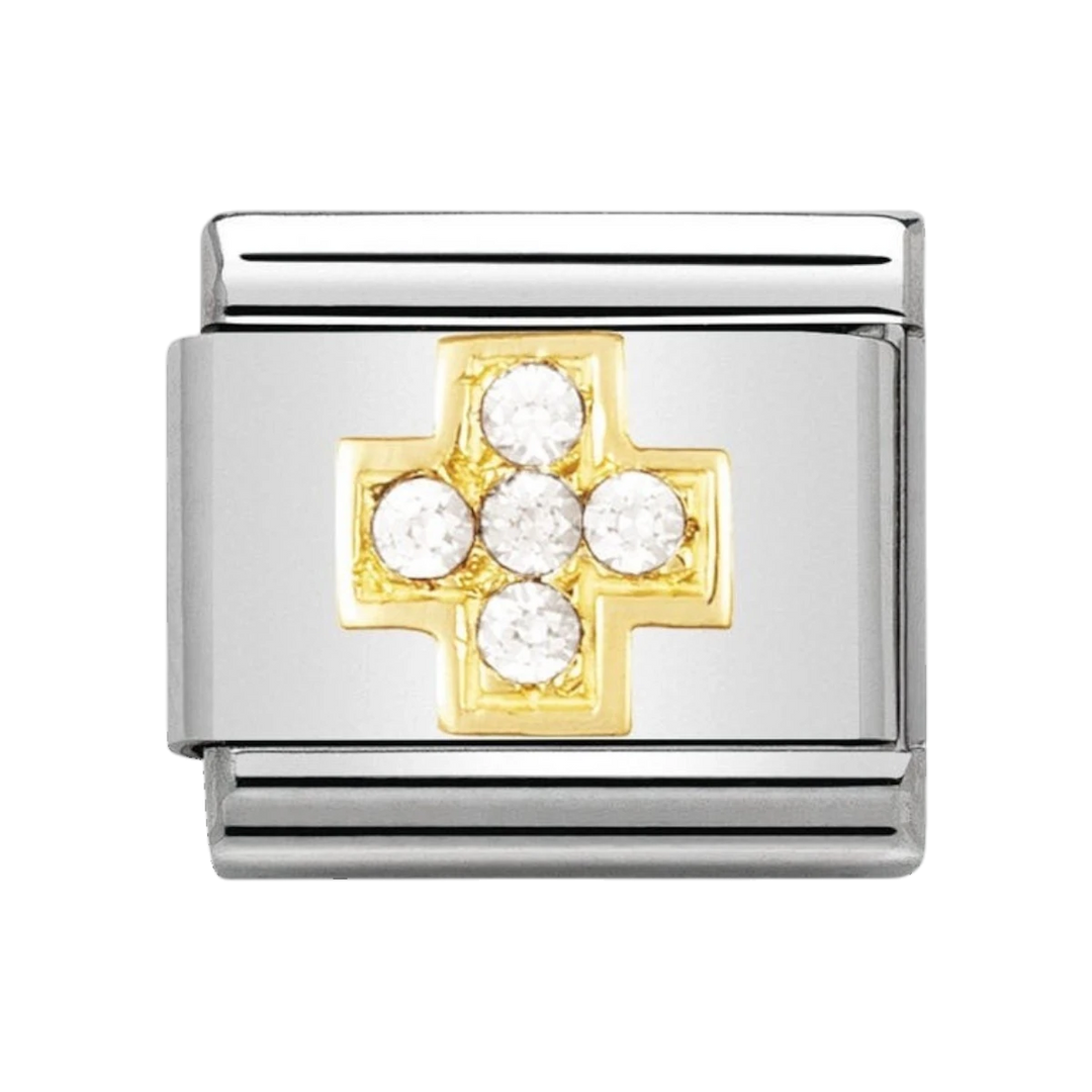 NOMINATION COMPOSABLE Classic DAILY LIFE in stainless steel with 18k gold and Cubic Zirconia WHITE cross 030307_01