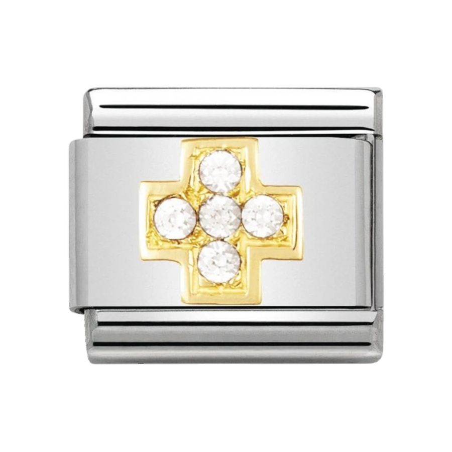 NOMINATION COMPOSABLE Classic DAILY LIFE in stainless steel with 18k gold and Cubic Zirconia WHITE cross 030307_01