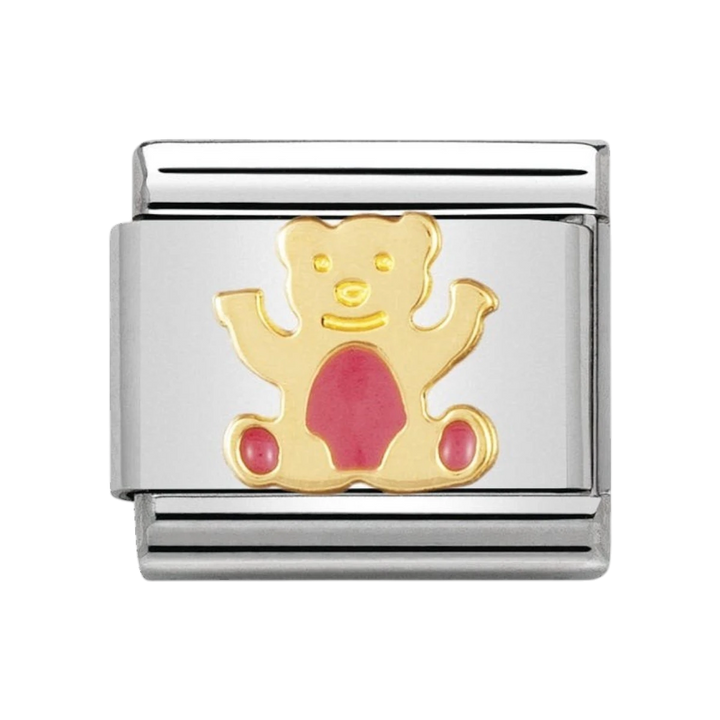 NOMINATION COMPOSABLE Classic EARTH ANIMALS in stainless steel with enamel and 18k gold Light pink bear 030212_32