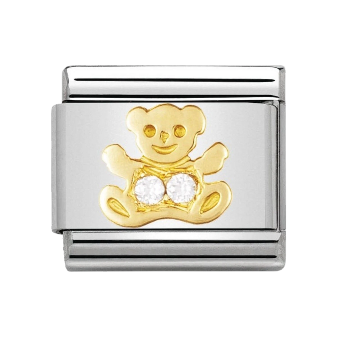 NOMINATION COMPOSABLE Classic EARTH ANIMALS in stainless steel with 18k gold and Cubic Zirconia WHITE bear