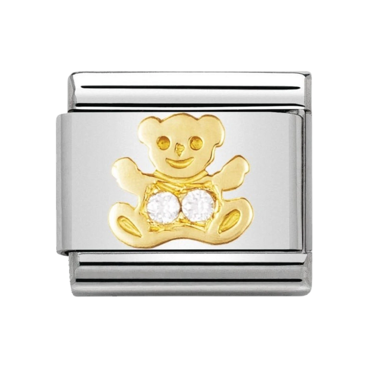 NOMINATION COMPOSABLE Classic EARTH ANIMALS in stainless steel with 18k gold and Cubic Zirconia WHITE bear