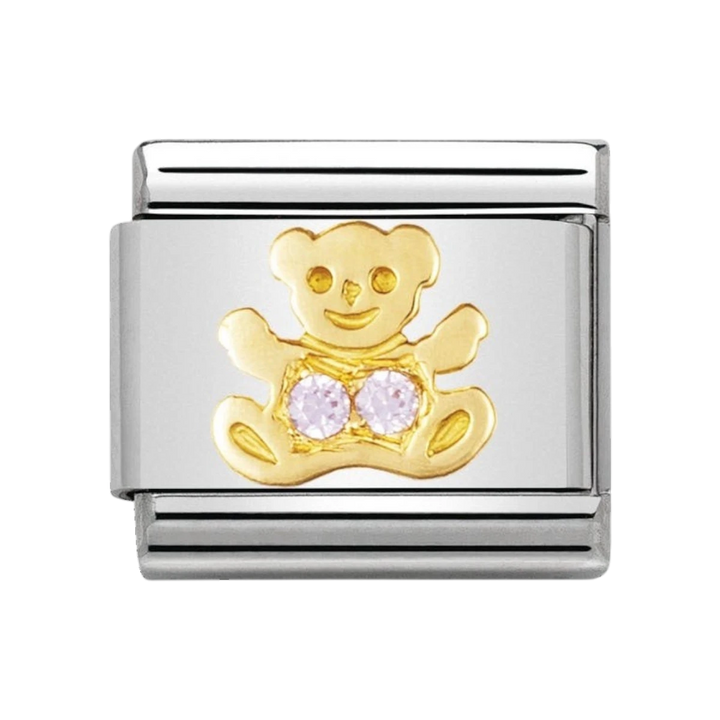 NOMINATION COMPOSABLE Classic EARTH ANIMALS in stainless steel with 18k gold and Cubic Zirconia PINK bear 030304_06