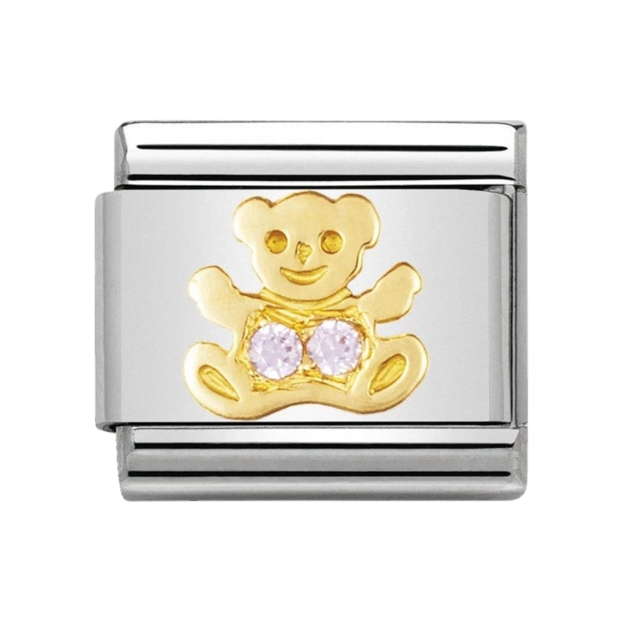 NOMINATION COMPOSABLE Classic EARTH ANIMALS in stainless steel with 18k gold and Cubic Zirconia PINK bear 030304_06
