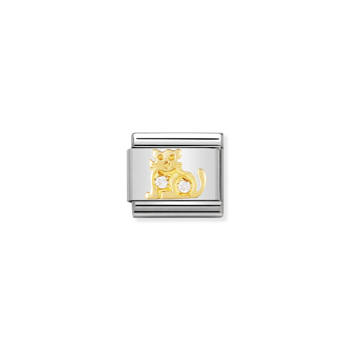NOMINATION COMPOSABLE Classic EARTH ANIMALS in stainless steel with 18k gold and Cubic Zirconia WHITE cat