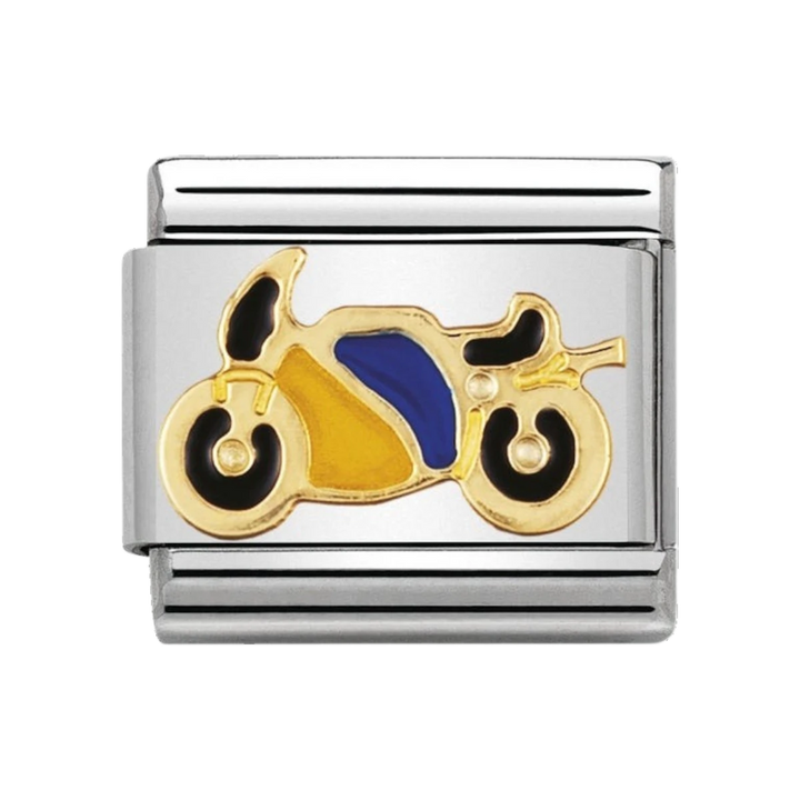 NOMINATION COMPOSABLE Classic SPORTS in stainless steel with enamel and 18k gold YELLOW and BLUE Motorbike