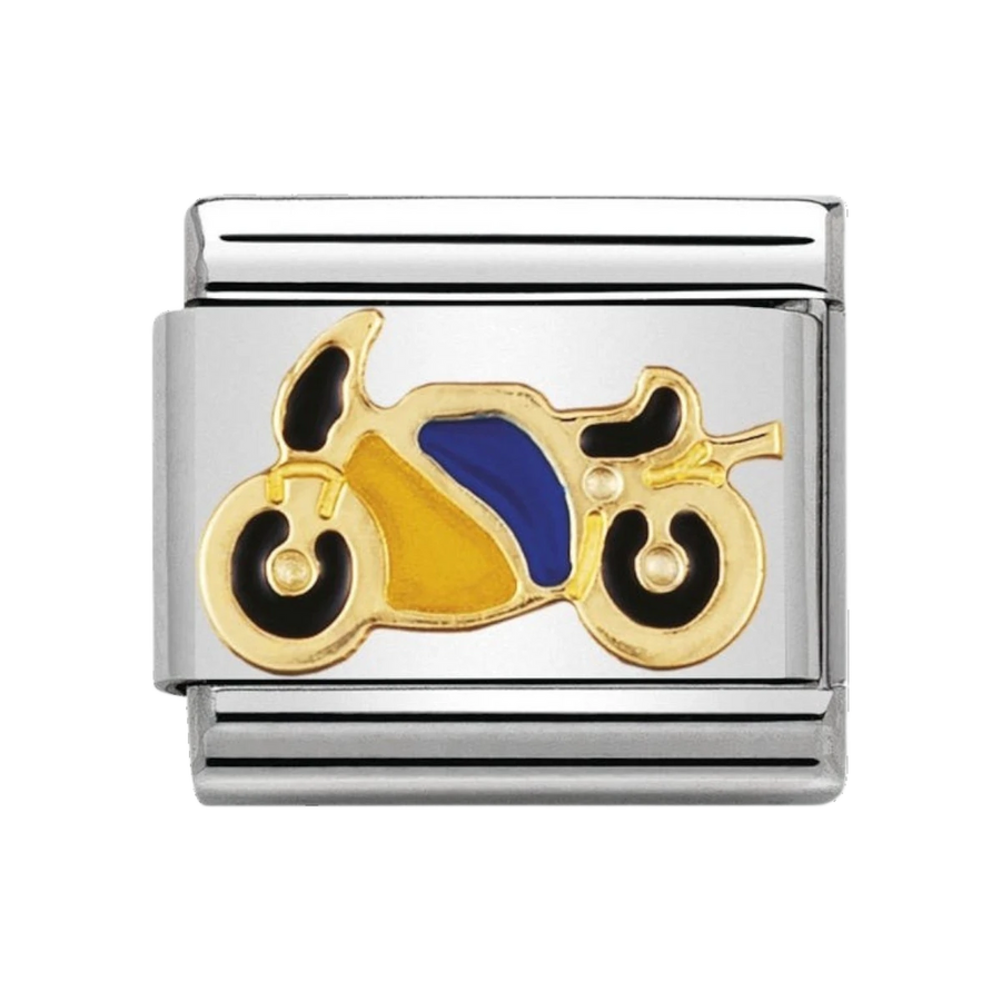 NOMINATION COMPOSABLE Classic SPORTS in stainless steel with enamel and 18k gold YELLOW and BLUE Motorbike
