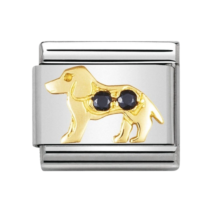 NOMINATION COMPOSABLE Classic EARTH ANIMALS 1 in stainless steel with 18k gold and Cubic Zirconia BLACK dog 030305_22
