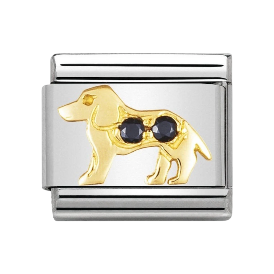 NOMINATION COMPOSABLE Classic EARTH ANIMALS 1 in stainless steel with 18k gold and Cubic Zirconia BLACK dog 030305_22