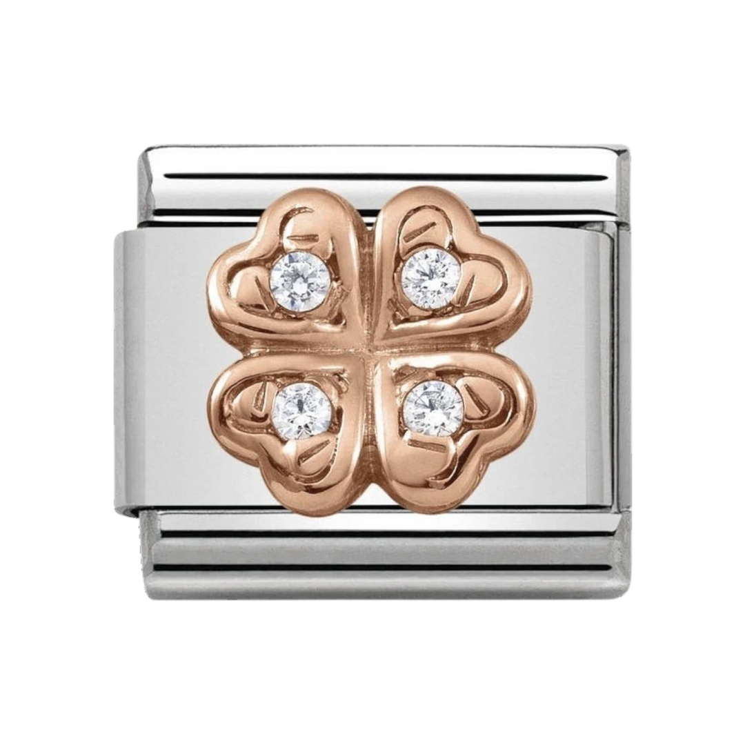 NOMINATION Composable Classic Symbols in stainless steel with 9K rose gold and CZ Four-Leaf Clover