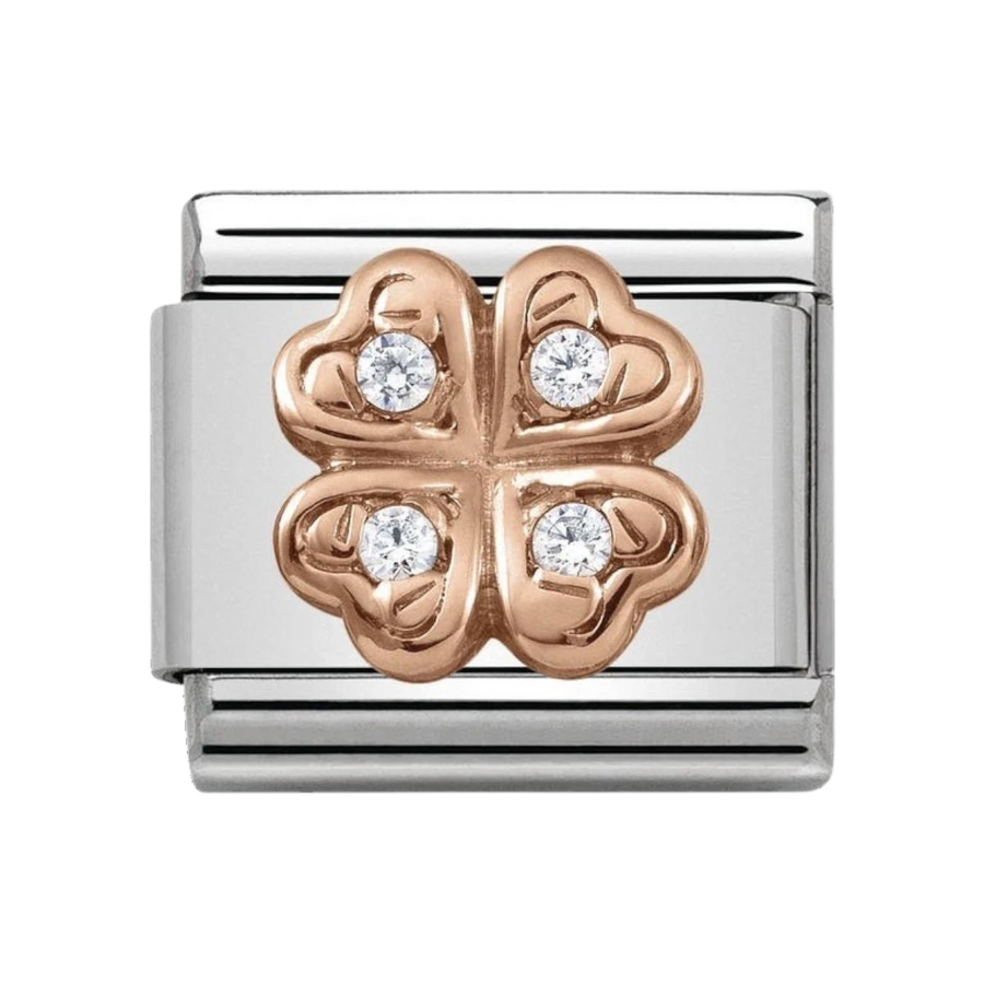 NOMINATION Composable Classic Symbols in stainless steel with 9K rose gold and CZ Four-Leaf Clover