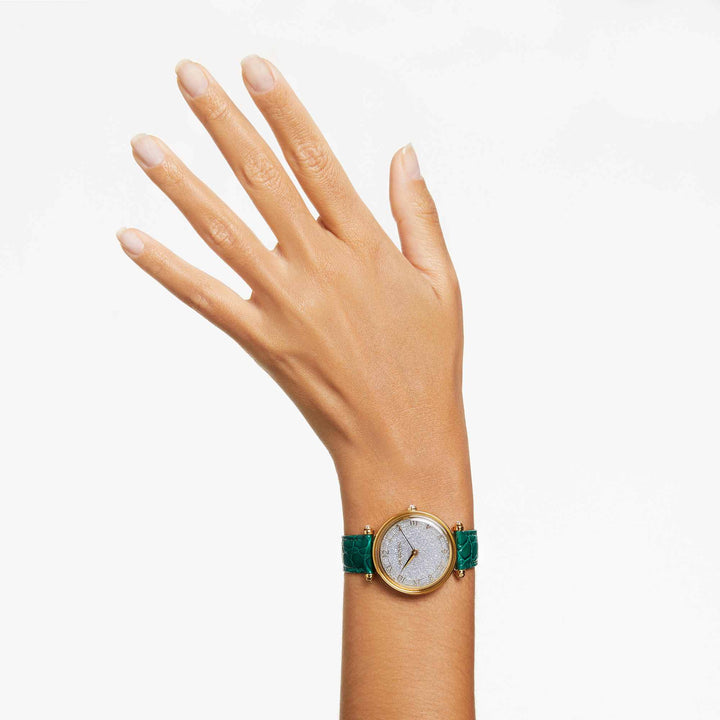 Niche Jewellery Swarovski Crystalline Wonder Watch - Green and Gold Tone with Leather Strap detail