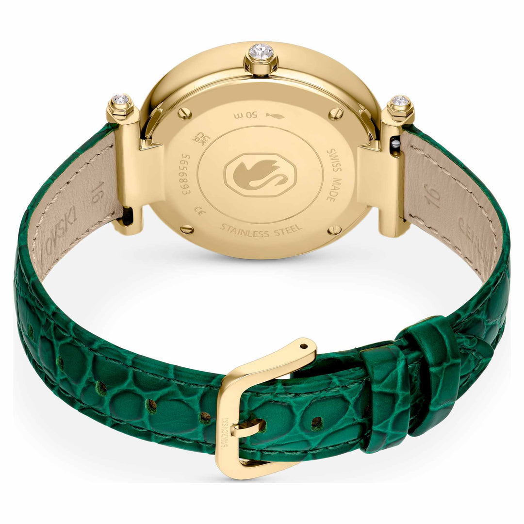 Niche Jewellery Swarovski Crystalline Wonder Watch - Green and Gold Tone with Leather Strap detail
