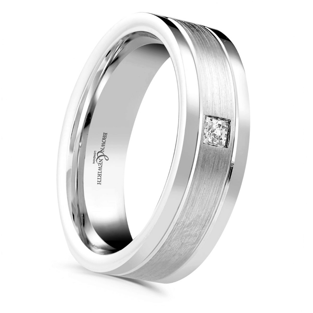 Niche Jewellery Brown & Newirth Canopus men's wedding ring with a princess-cut diamond and matte center finish.