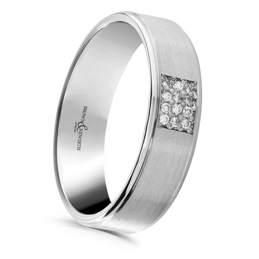 Niche Jewellery Brown & Newirth Eridanus men's flat court wedding ring in silver metal with diamond-set square detail