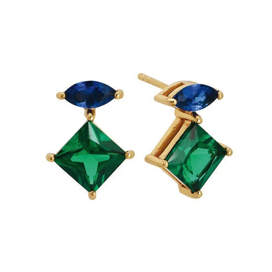 Amelia Scott Esme Gold Stud Earrings in Emerald and Sapphire Blue