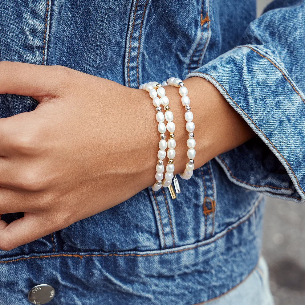 Ania Haie Freshwater Pearl and White Cubic Zirconia Bezel Set Silver Bracelet