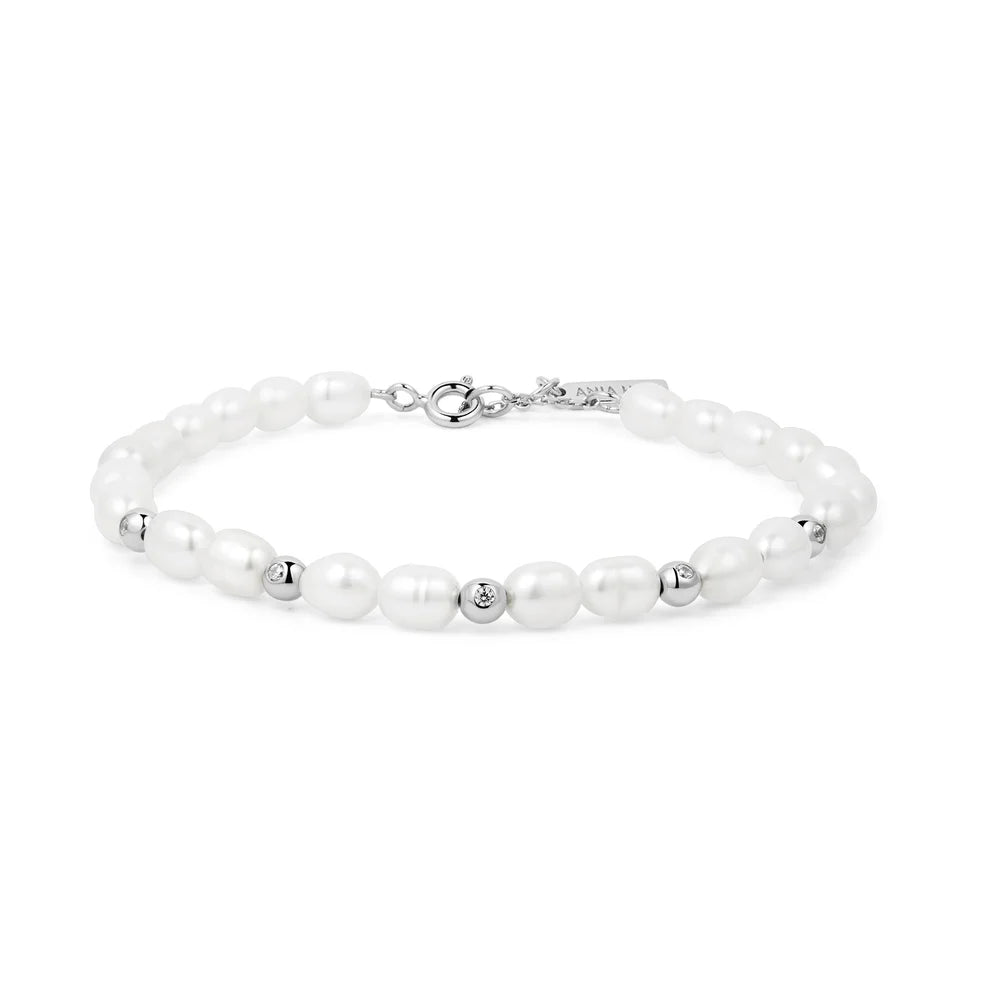Ania Haie Freshwater Pearl and White Cubic Zirconia Bezel Set Silver Bracelet