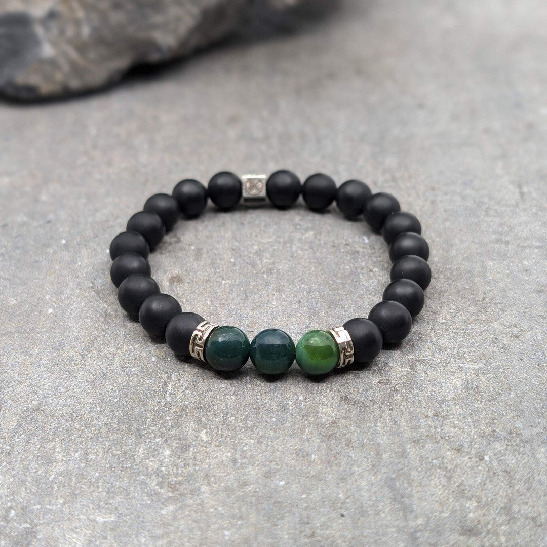 Niche Jewellery Ikoba Moss Agate and Matte Black Agate 8mm Bracelet detail
