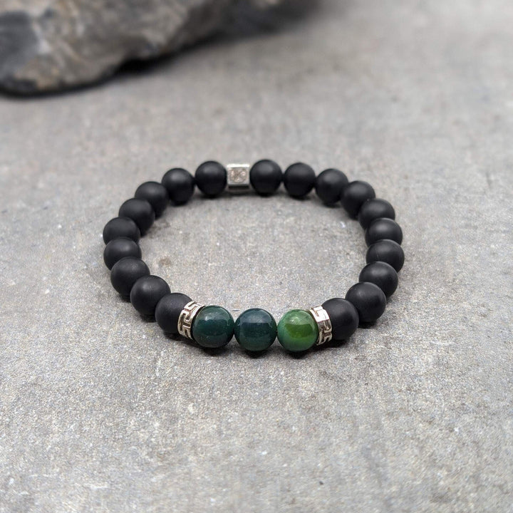 Niche Jewellery Ikoba Moss Agate and Matte Black Agate 8mm Bracelet detail