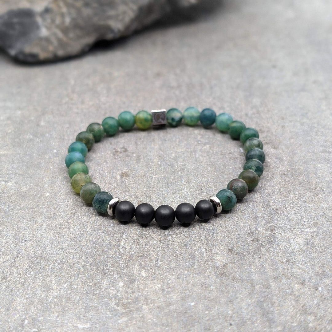 Niche Jewellery Ikoba Moss Agate and Matte Black Agate 6mm Bracelet detail