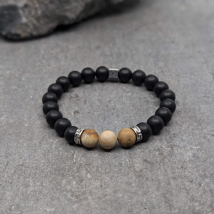 Niche Jewellery Ikoba Fossilised Wood and Matte Black Agate 8mm Bracelet detail