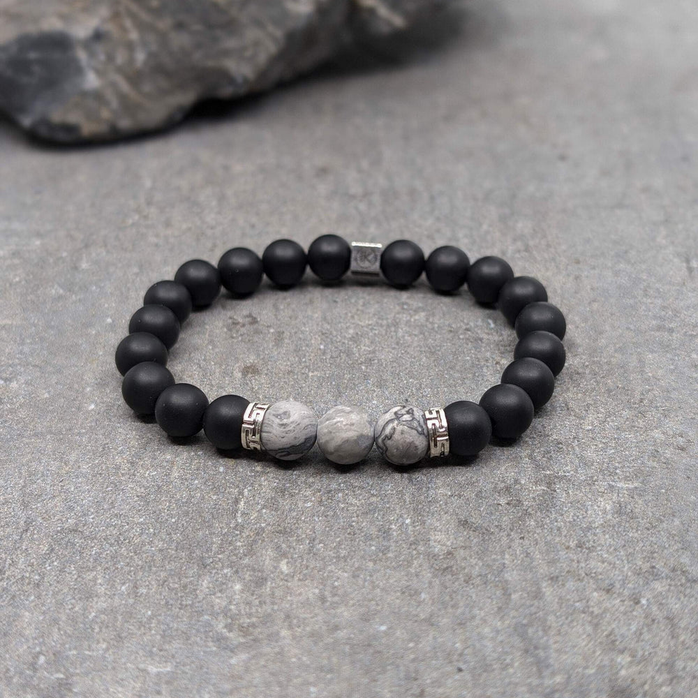 Niche Jewellery Ikoba Grey Landscape Jasper and Matte Black Agate 8mm Bracelet detail