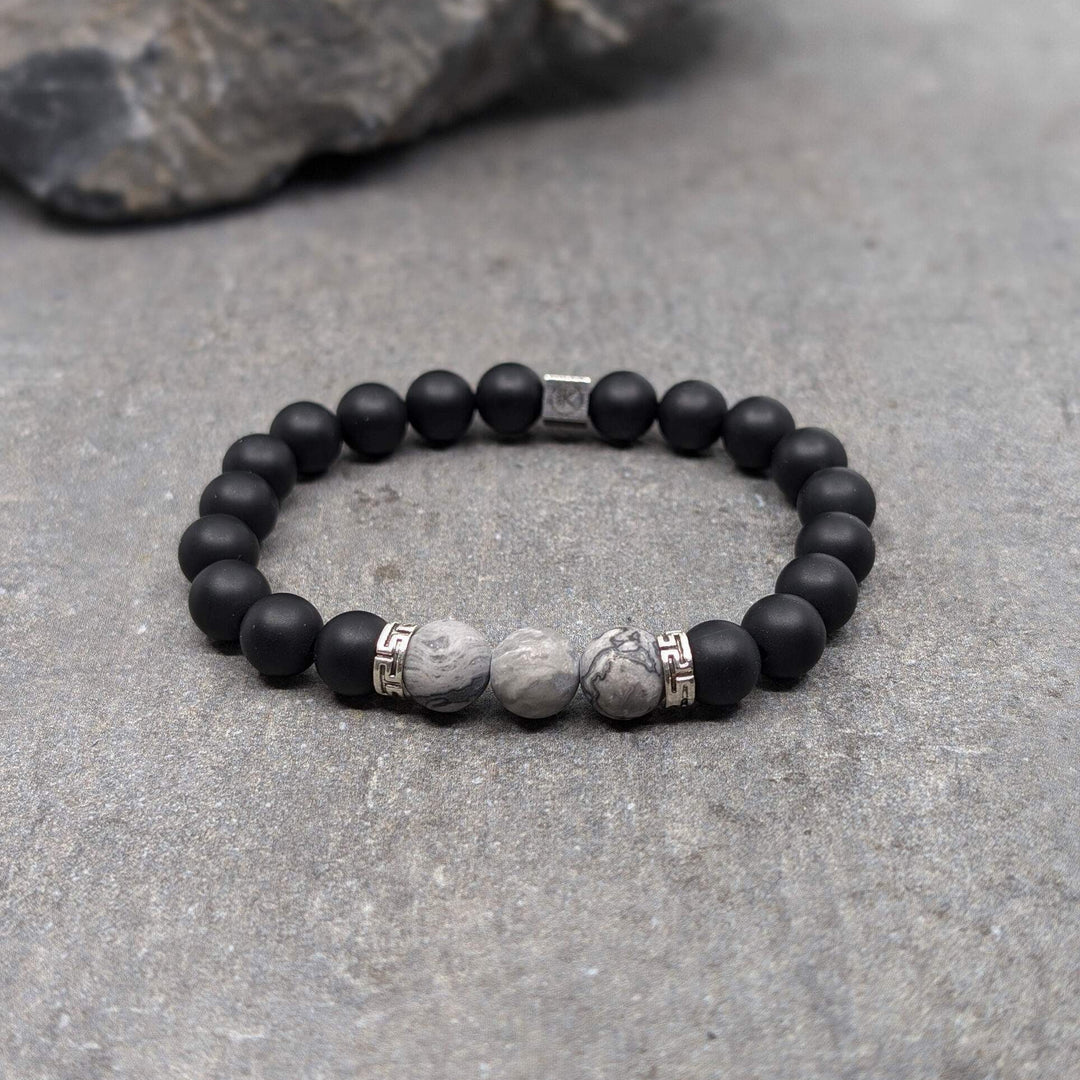 Niche Jewellery Ikoba Grey Landscape Jasper and Matte Black Agate 8mm Bracelet detail