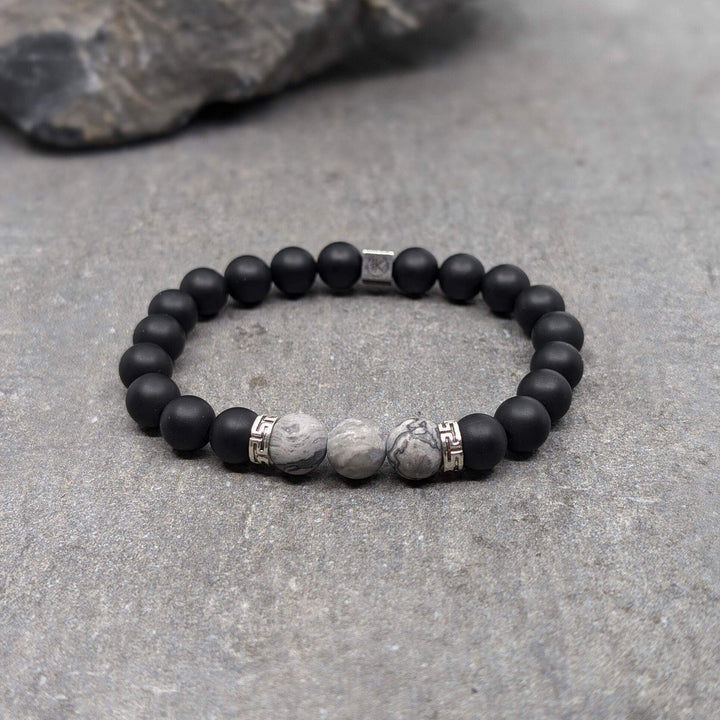 Niche Jewellery Ikoba Grey Landscape Jasper and Matte Black Agate 8mm Bracelet detail