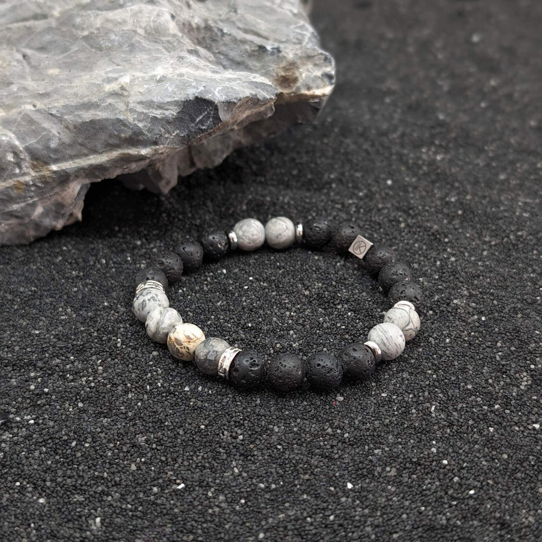 Niche Jewellery Ikoba Grey Landscape Jasper and Lava Stone 8mm Bracelet detail