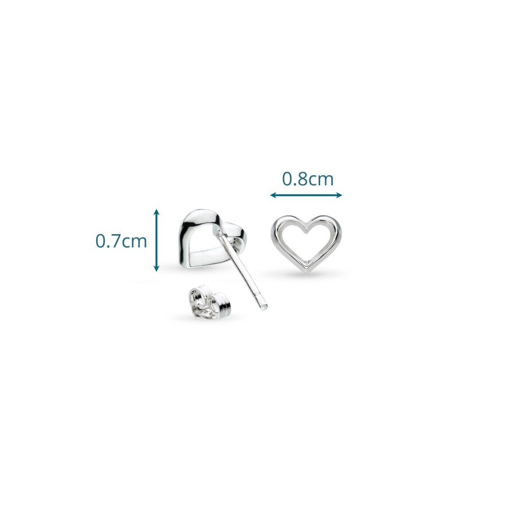 Niche Jewellery: Kit Heath sterling silver heart outline stud earrings. Delicate and refined, perfect for everyday wear.