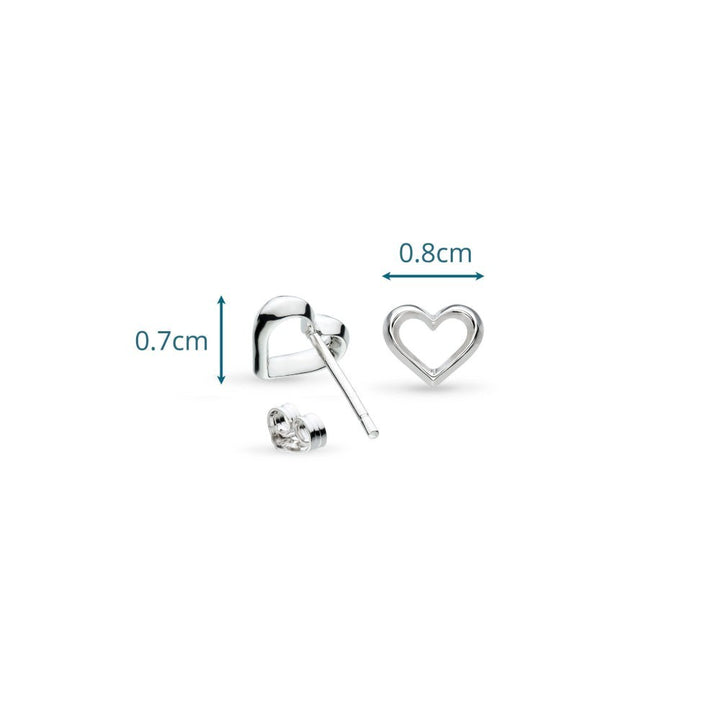 Niche Jewellery: Kit Heath sterling silver heart outline stud earrings. Delicate and refined, perfect for everyday wear.