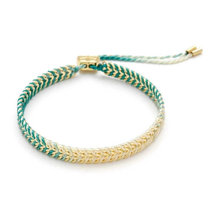 Niche Jewellery Boho Betty Iztac turquoise ombré gold woven bracelet with adjustable cord and chevron beads.