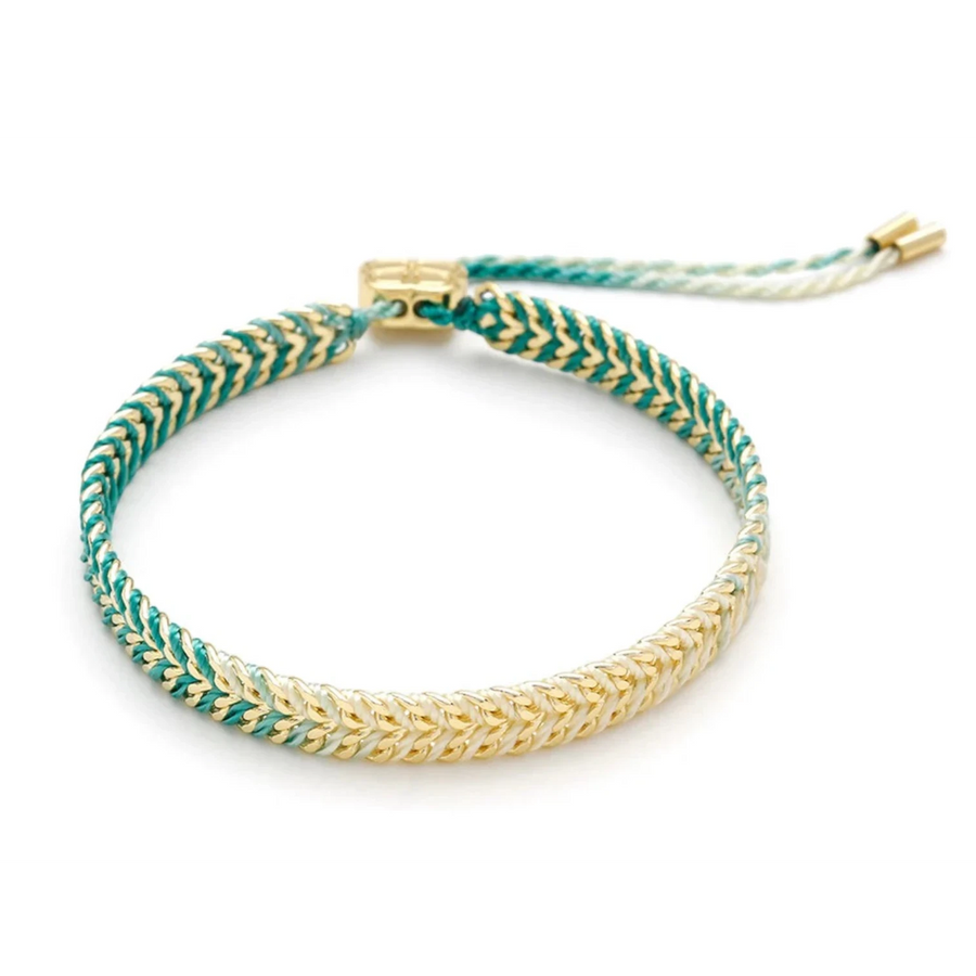 Niche Jewellery Boho Betty Iztac turquoise ombré gold woven bracelet with adjustable cord and chevron beads.