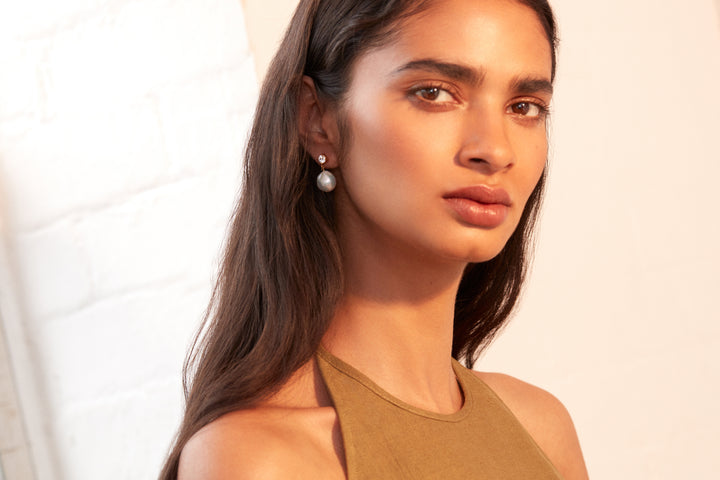 Niche Jewellery Shyla Cassandra Pearl and Zirconia Drop Earrings detail
