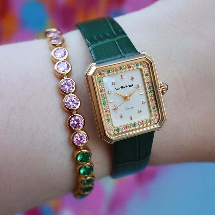 Amelia Scott Celeste Stargazer Emerald Green Croc Strap Gold Rectangular Watch