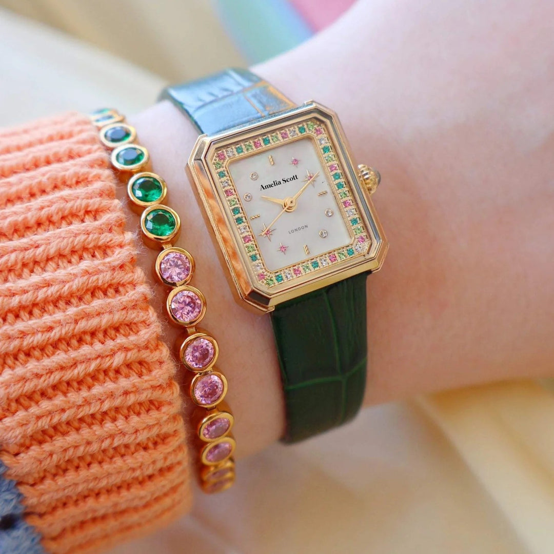 Amelia Scott Celeste Stargazer Emerald Green Croc Strap Gold Rectangular Watch