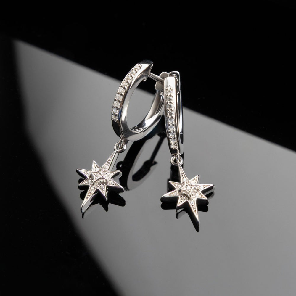 Niche Jewellery Céleste North Star Hoop Earrings with cubic zirconia pavé detail and star pendant.