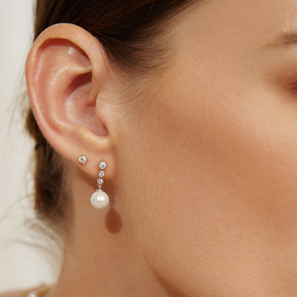 Niche Jewellery Ania Haie Tennis Beaded Stone Shell Pearl Drop Stud Silver Earrings worn on model