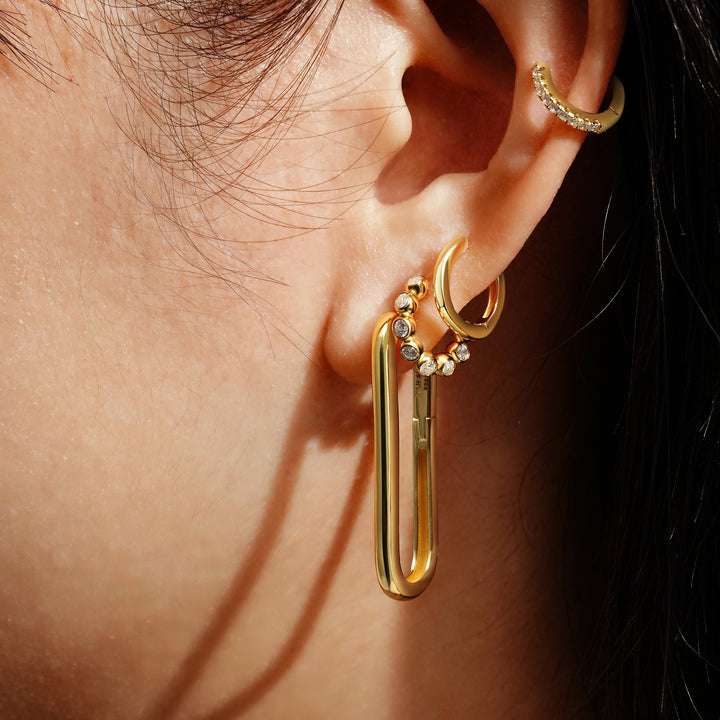 Niche Jewellery Ania Haie Bezel Beaded Huggie Hoop Gold Earrings worn on model